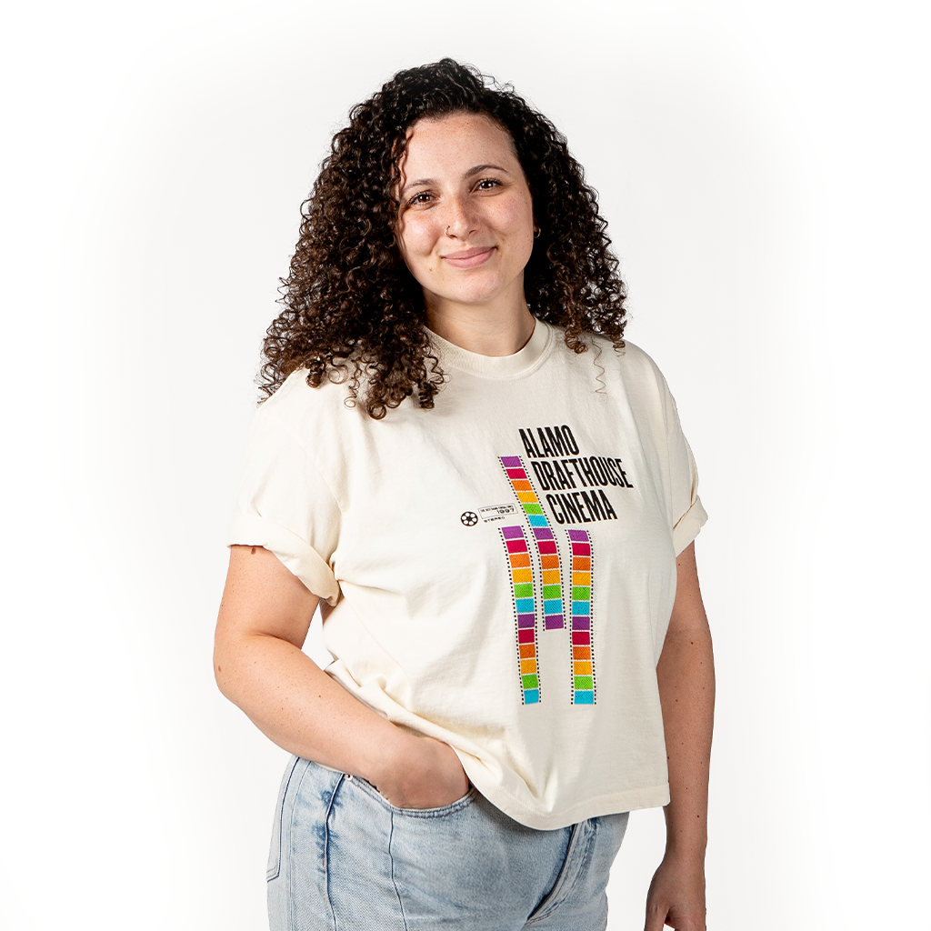 woman wearing mid-cut of Alamo Drafthouse Best Damn T-Shirt