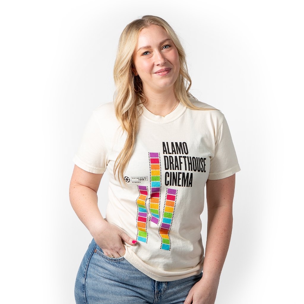 woman wearing classic cut of Alamo Drafthouse Best Damn T-Shirt