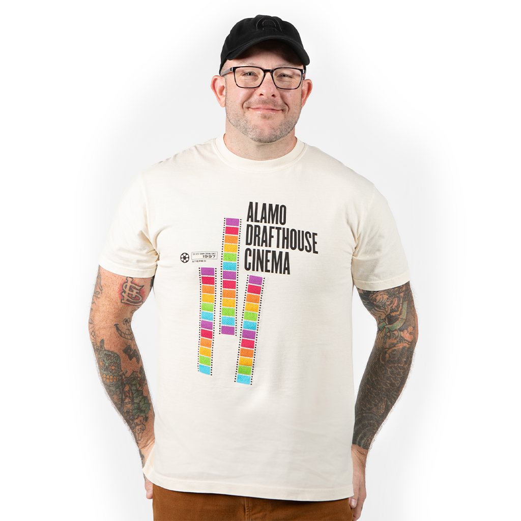 man wearing classic cut of Alamo Drafthouse Best Damn T-Shirt