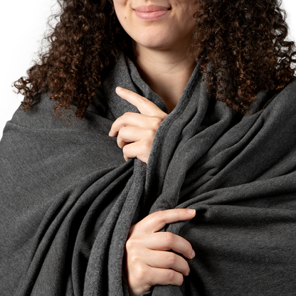 woman wrapped in Alamo Drafthouse Shhhhhhh! Sweatshirt Blanket