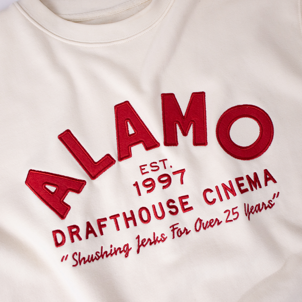 close-up of Alamo Drafthouse Shushing Since '97 Crew-Neck Sweatshirt