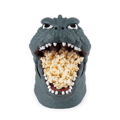 front view of Godzilla Popcorn Bucket filled with popcorn