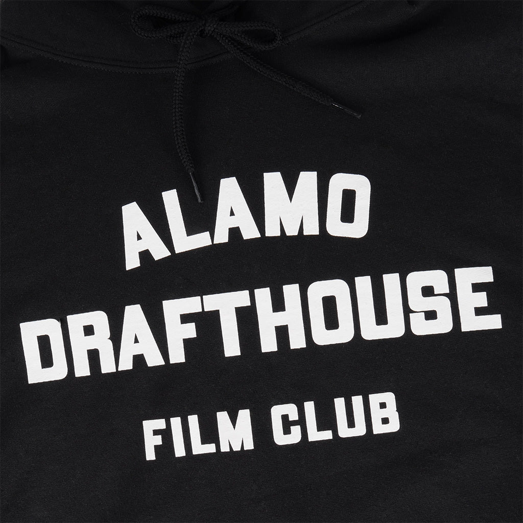 close-up of screenprinted design on the Alamo Drafthouse Film Club Hoodie in black