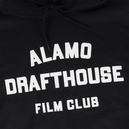 close-up of screenprinted design on the Alamo Drafthouse Film Club Hoodie in black