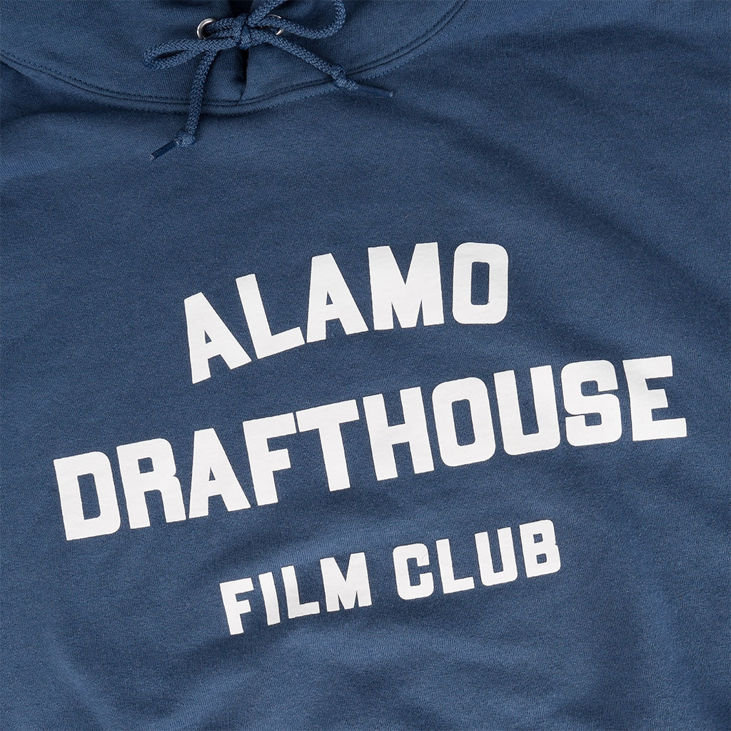 close-up of screenprinted design on the Alamo Drafthouse Film Club Hoodie in black