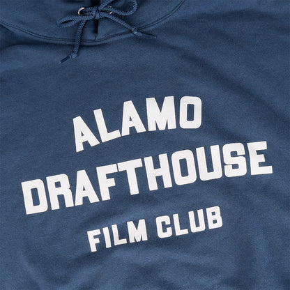 close-up of screenprinted design on the Alamo Drafthouse Film Club Hoodie in black