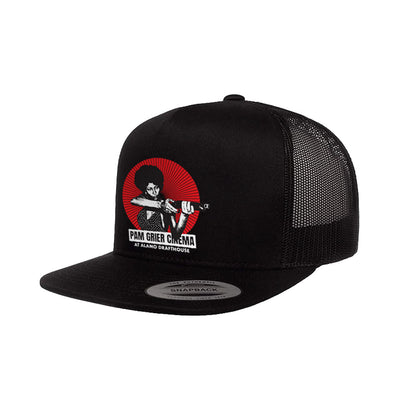 3/4 view of Pam Grier Badass Cinema Trucker Hat