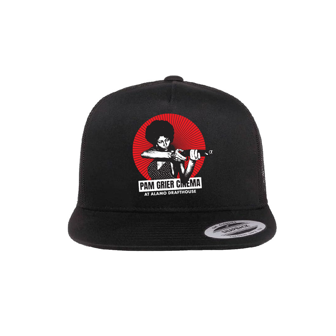 front view of Pam Grier Badass Cinema Trucker Hat