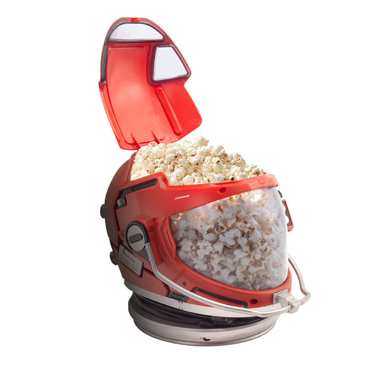 side view of PROJECT HAIL MARY Popcorn Bucket filled with popcorn and the lid opened