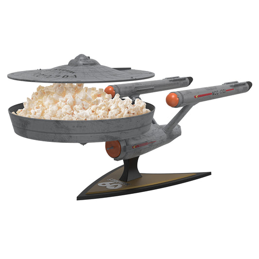 side view of Star Trek 60th Anniversary U.S.S. Enterprise Popcorn Bucket filled with popcorn